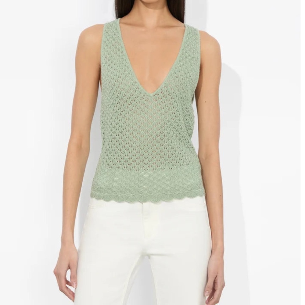 Alice And Olivia Annalise Pointelle Knit Tank Size L Preppy Linen Blend In Sage